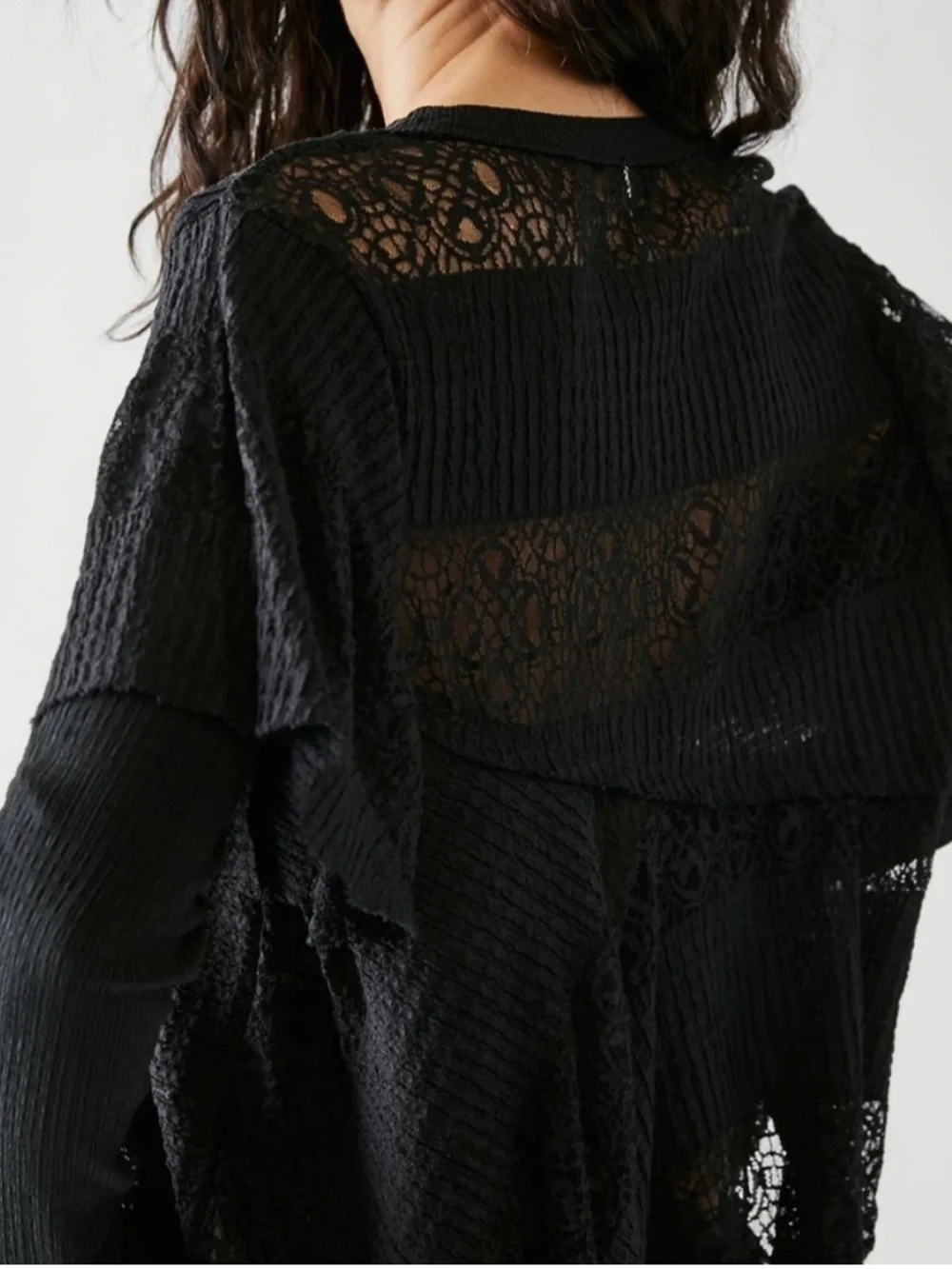 Free People Snowfall Boho Black Lace Asymmetric Whimsigoth Tunic Top Ruffle L